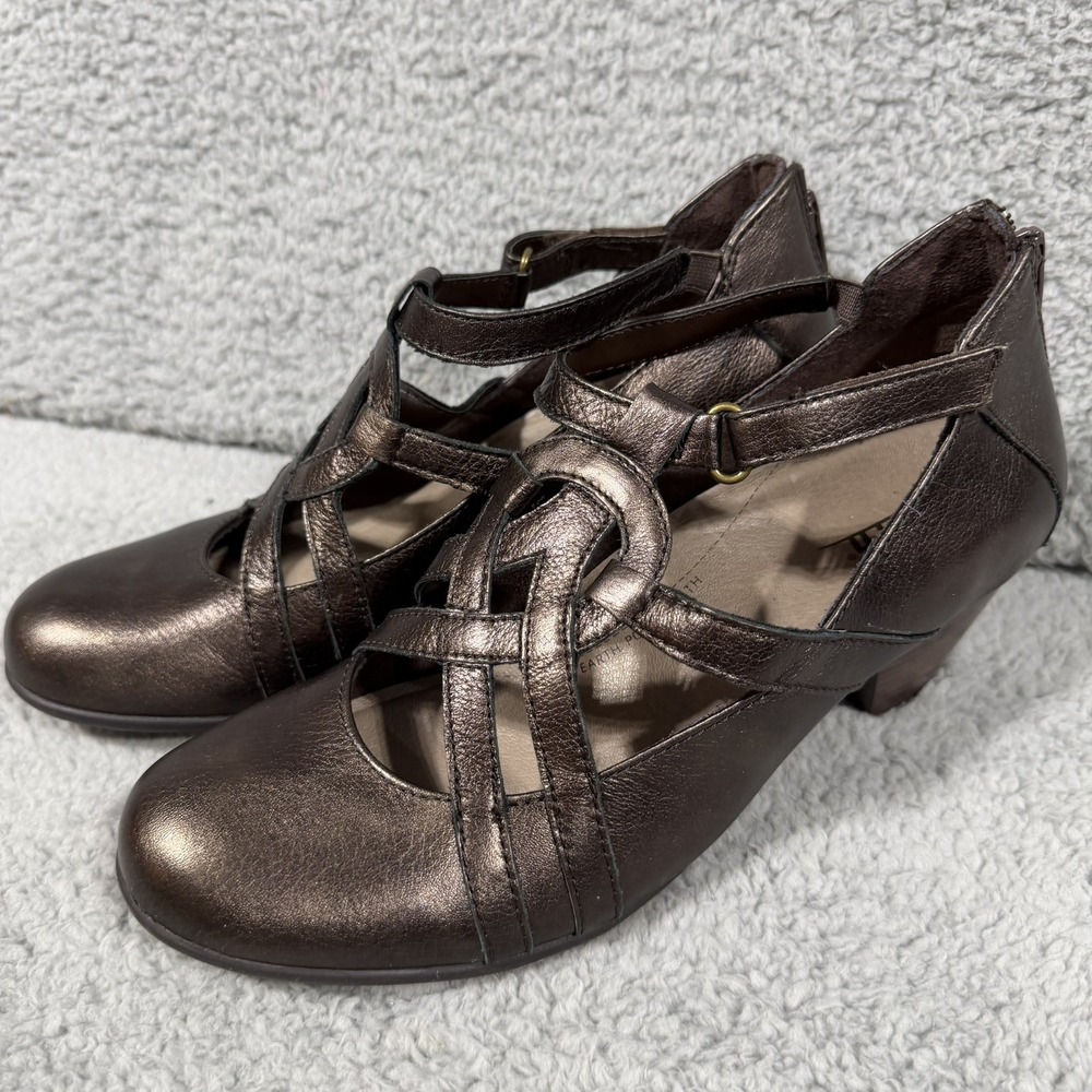 Earth Virtue Shoes Womens 10 Bronze Metallic Leather Block Heel  Comfortable